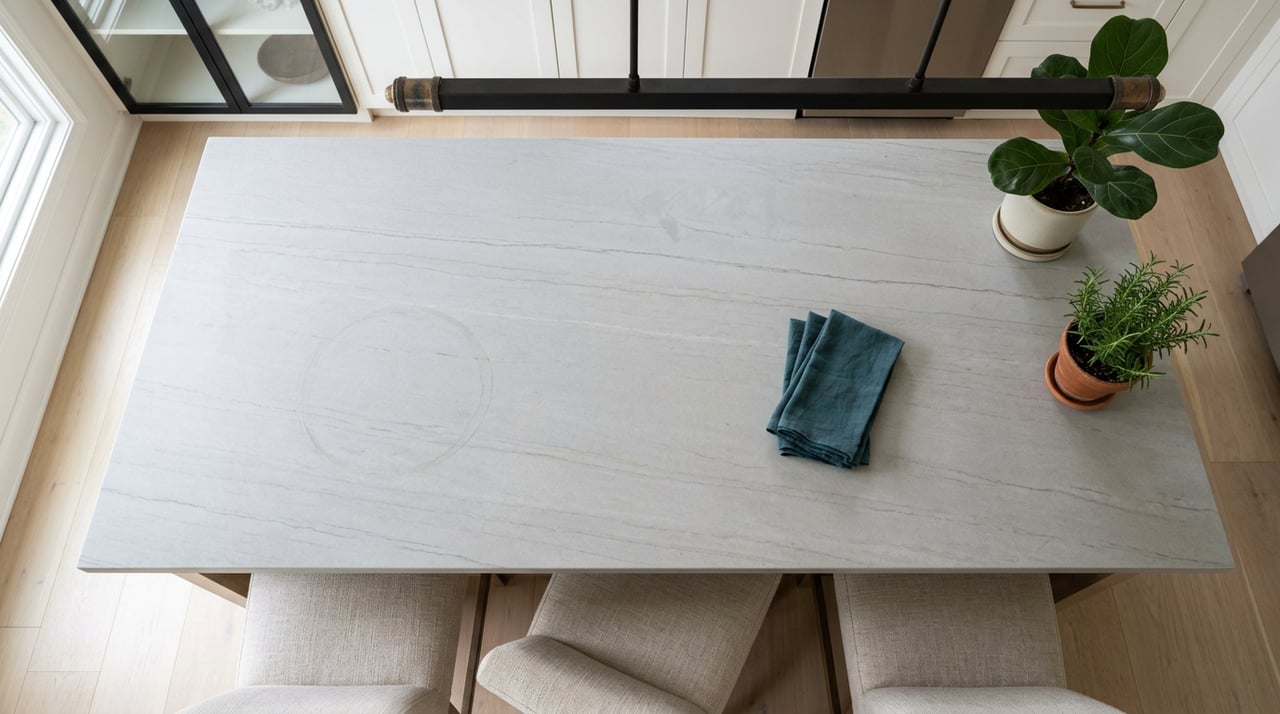 Overhead view of a grey-veined kitchen island with folded teal napkins, flanked by potted plants and three barstools.