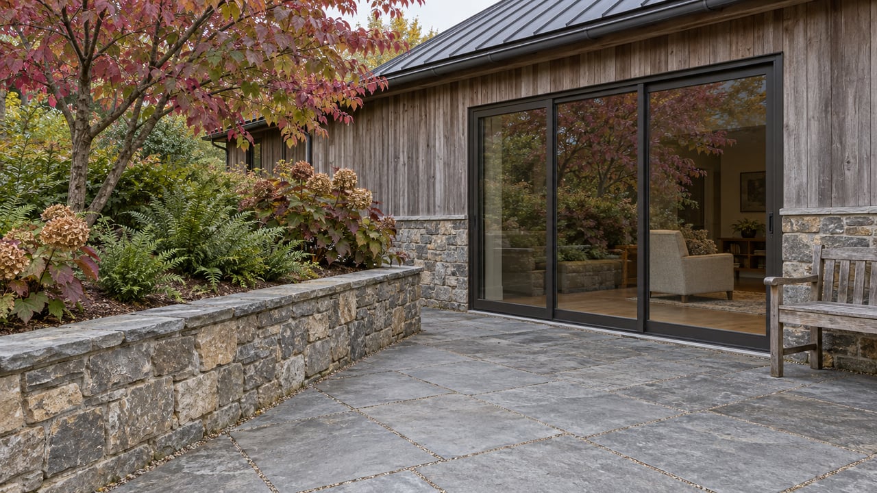 Stone terrace beside a cedar-and-stone home, with broad glass doors, a teak bench and a planted retaining wall.