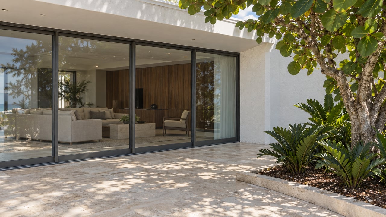 White stucco terrace with charcoal-framed glass doors, pale limestone paving and a sculptural sea grape tree.