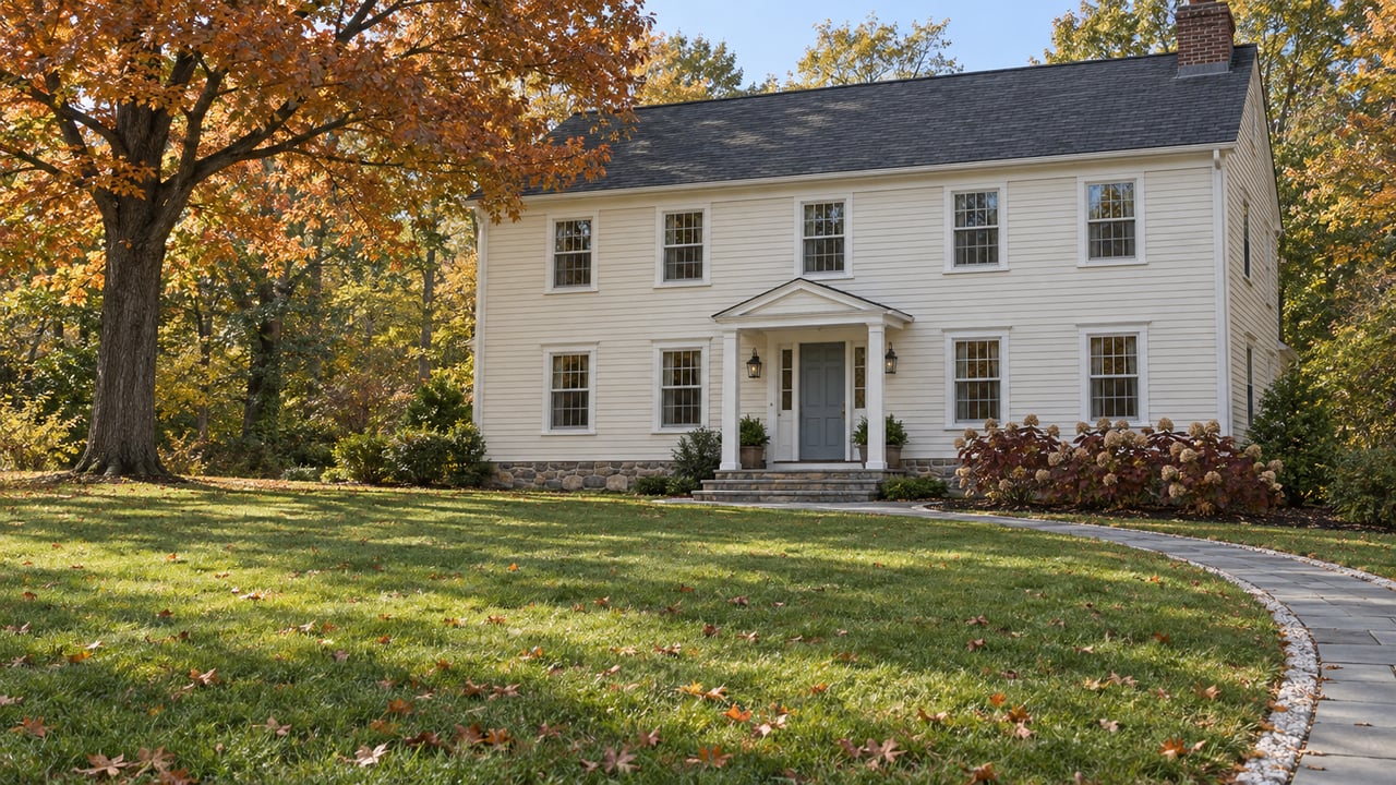 An ivory clapboard home with white trim and a blue-gray front door behind a broad autumn lawn, a copper-leaved maple and stone-edged hydrangea beds.