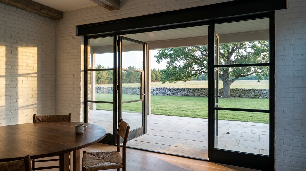 Breakfast table faces open French doors overlooking a terrace, bur oak, fieldstone wall, and pasture.