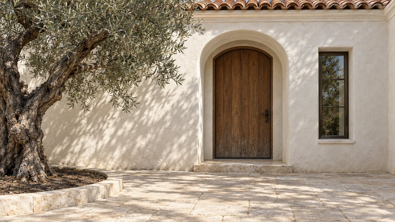 An arched oak doorway in ivory stucco above a limestone courtyard, shaded by a mature olive tree beneath a terracotta roof.