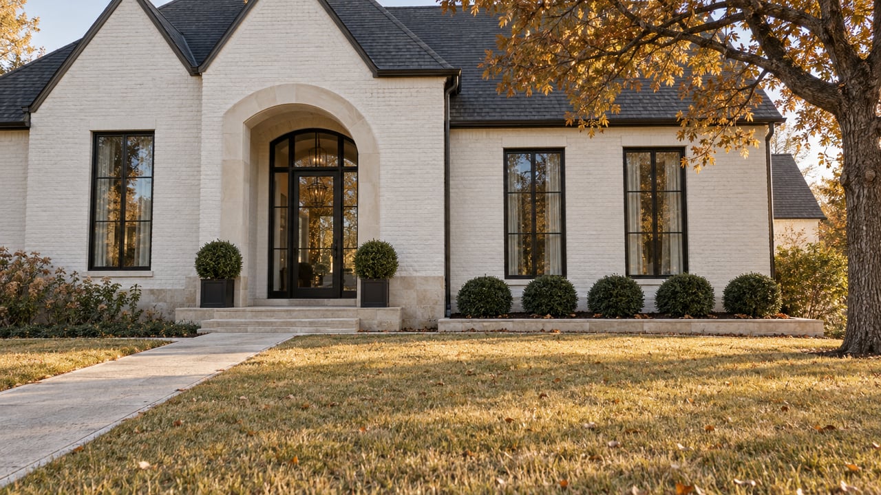 White painted-brick home with a limestone arched entry, black-framed windows and a broad autumn lawn beneath a mature oak.