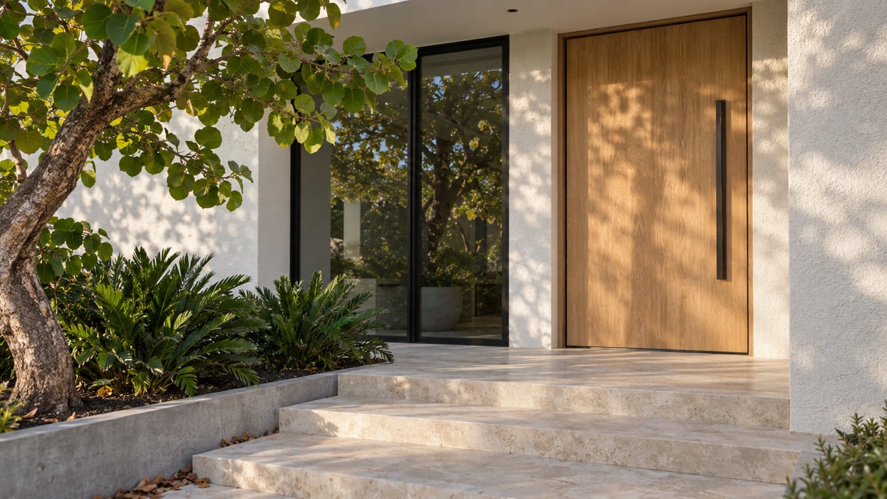 White stucco home entry with an oak door, black-framed glazing, limestone steps, and a broad-leaved tree.