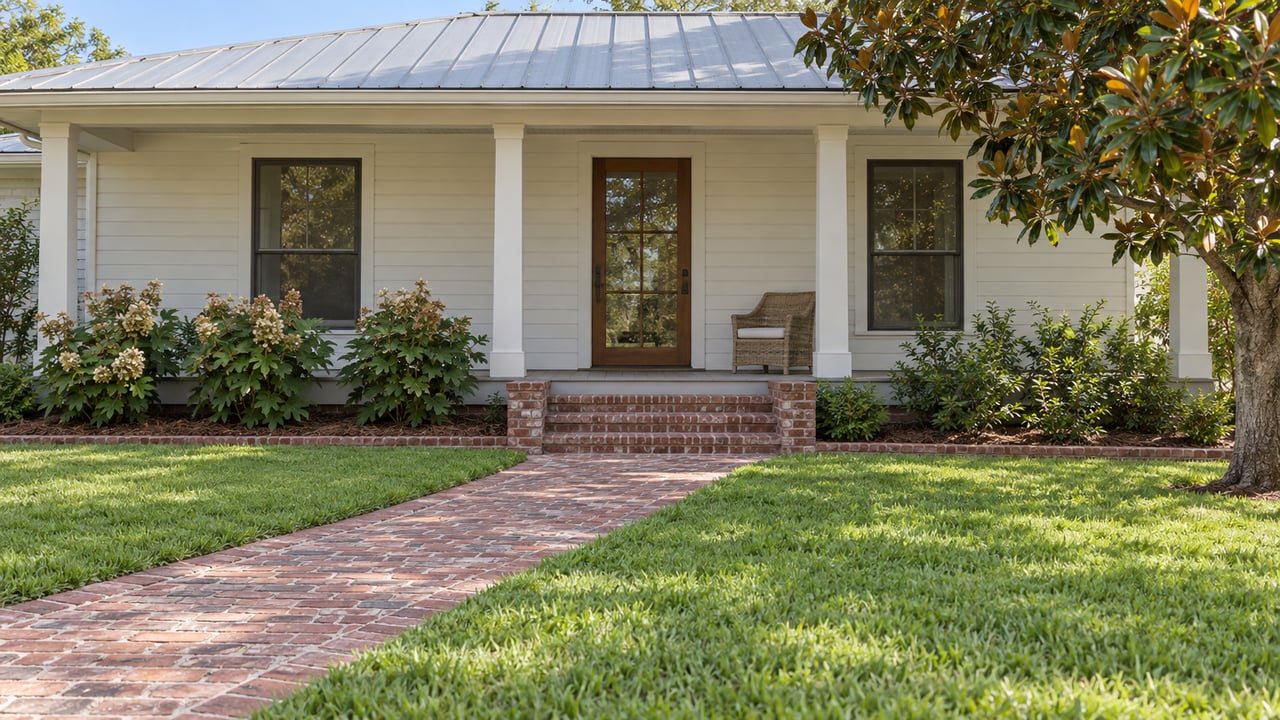 Renovated white timber home with a shaded porch, weathered brick approach and magnolia beside a broad lawn.