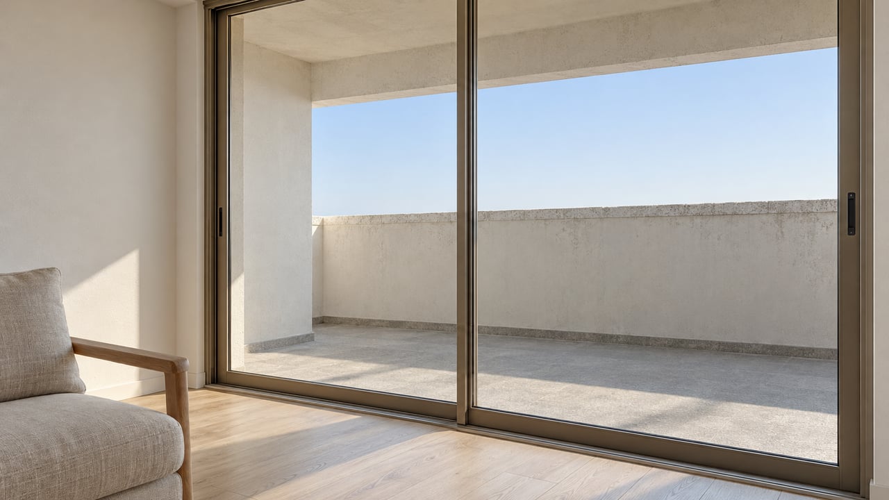 Pale ash flooring and a linen armchair beside bronze-framed sliding glass doors opening visually onto a sheltered concrete terrace.