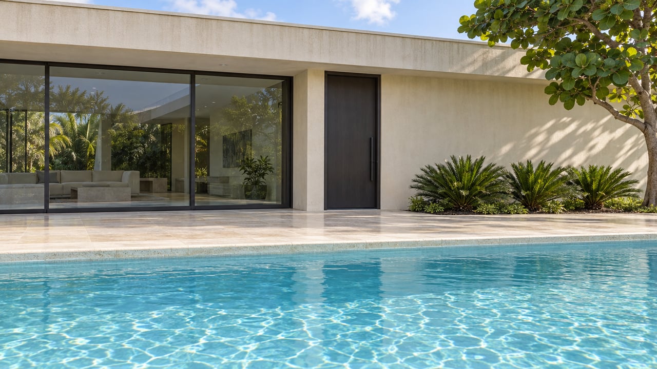 Pool water and limestone coping frame a stucco home with glazed living room and sea grape leaves.