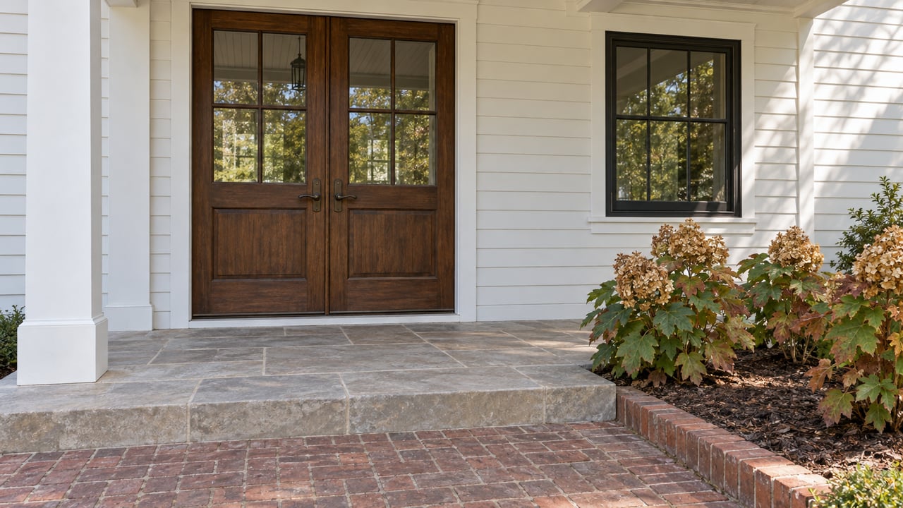 Paired wood entry doors beneath a white covered porch, with a limestone landing, brick approach and autumn oakleaf hydrangeas.