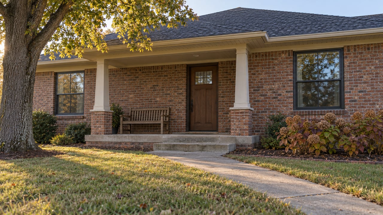 Red-brick home with a covered porch, broad concrete approach, autumn lawn, and mature oak.