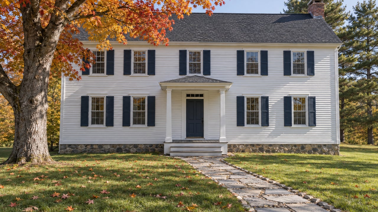 White clapboard farmhouse with blue shutters, a stone front walk and an autumn sugar maple beside a deep lawn.