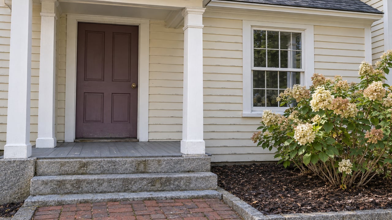 Cream clapboard house with a plum paneled door, white porch trim, worn granite steps and one flowering hydrangea beside a double-hung window.
