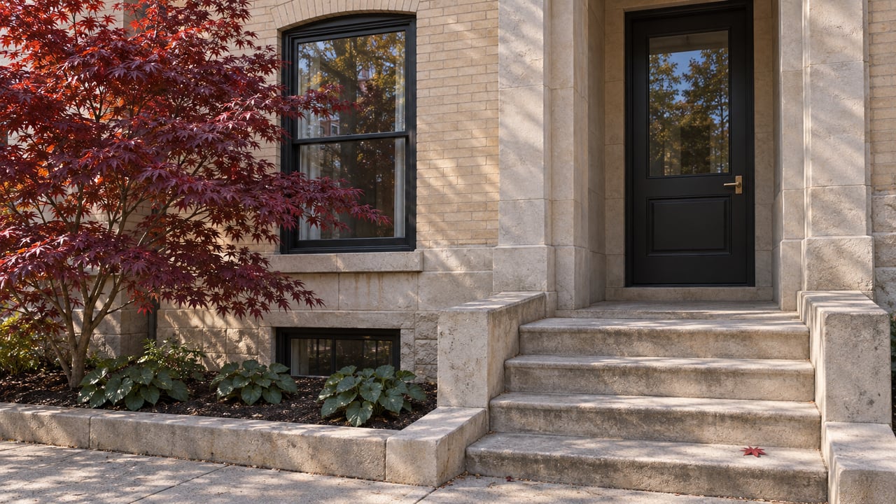 Pale brick townhouse entrance with worn limestone steps, a dark wood door, and a burgundy Japanese maple beside a tall window.