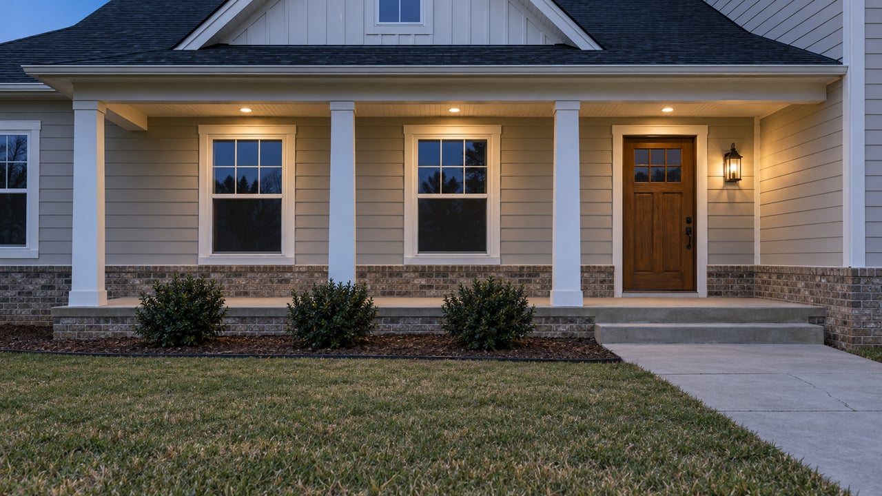 A greige home with a brick foundation, white porch posts and a warm wood front door at dusk, viewed across an autumn lawn.