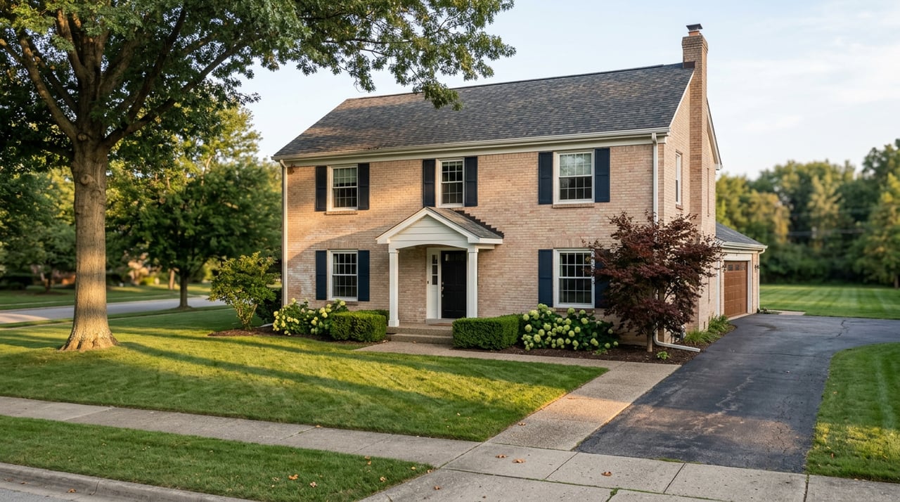 Pale brick two-story home with navy shutters, a red-leaf maple, and a broad lawn crossed by oak shadows.