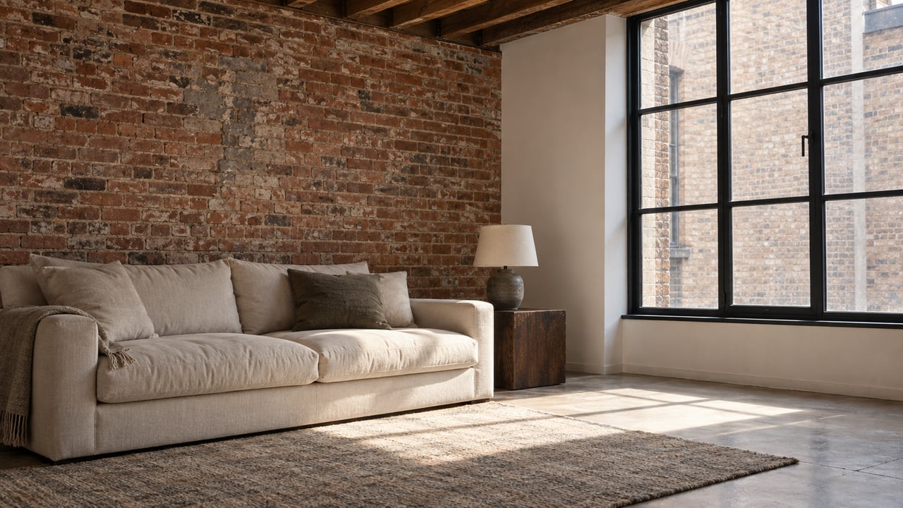 Loft living room with an ivory sofa beside exposed brick, timber joists, and a black steel window.