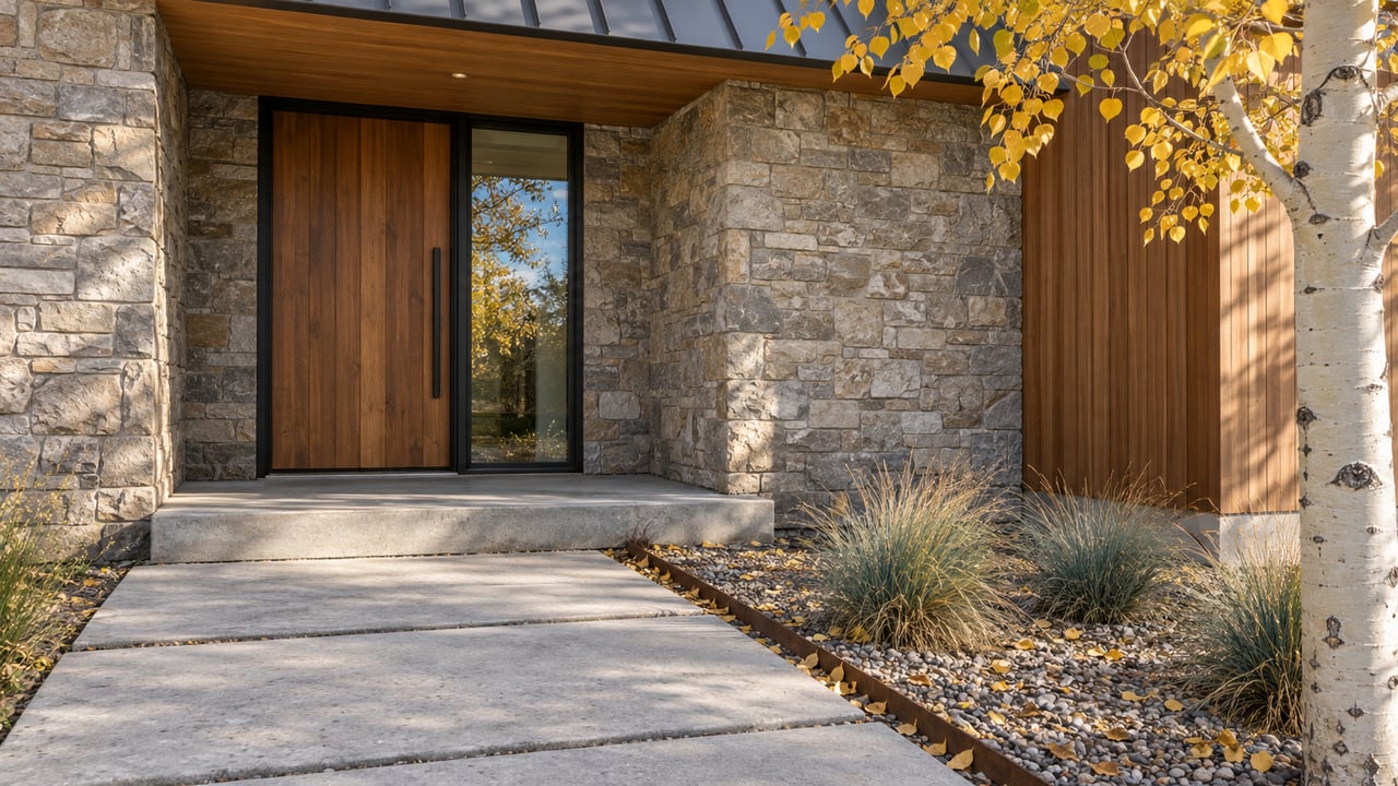 Stone-clad home entry with a recessed timber door, concrete walkway slabs, and a yellow-leaved aspen.