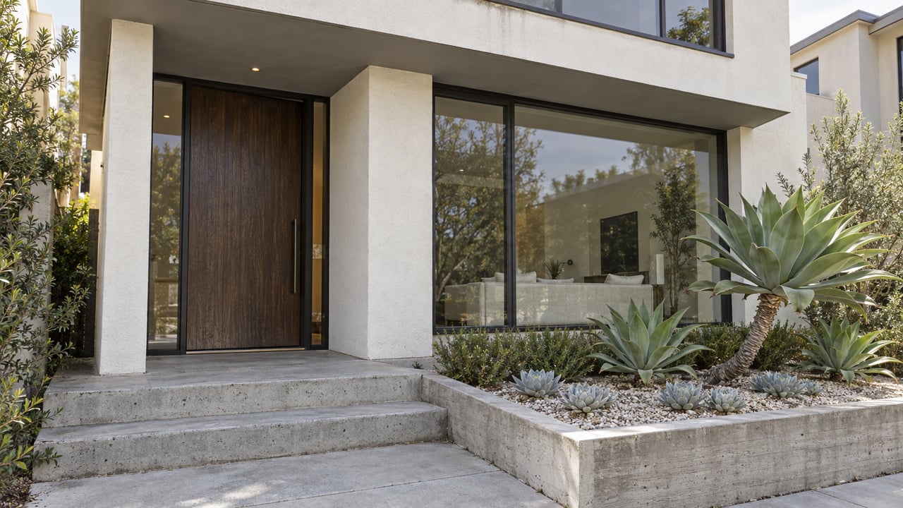 Contemporary home entrance with warm-white stucco, dark oak door, broad glazing and sculptural agaves beside concrete steps.