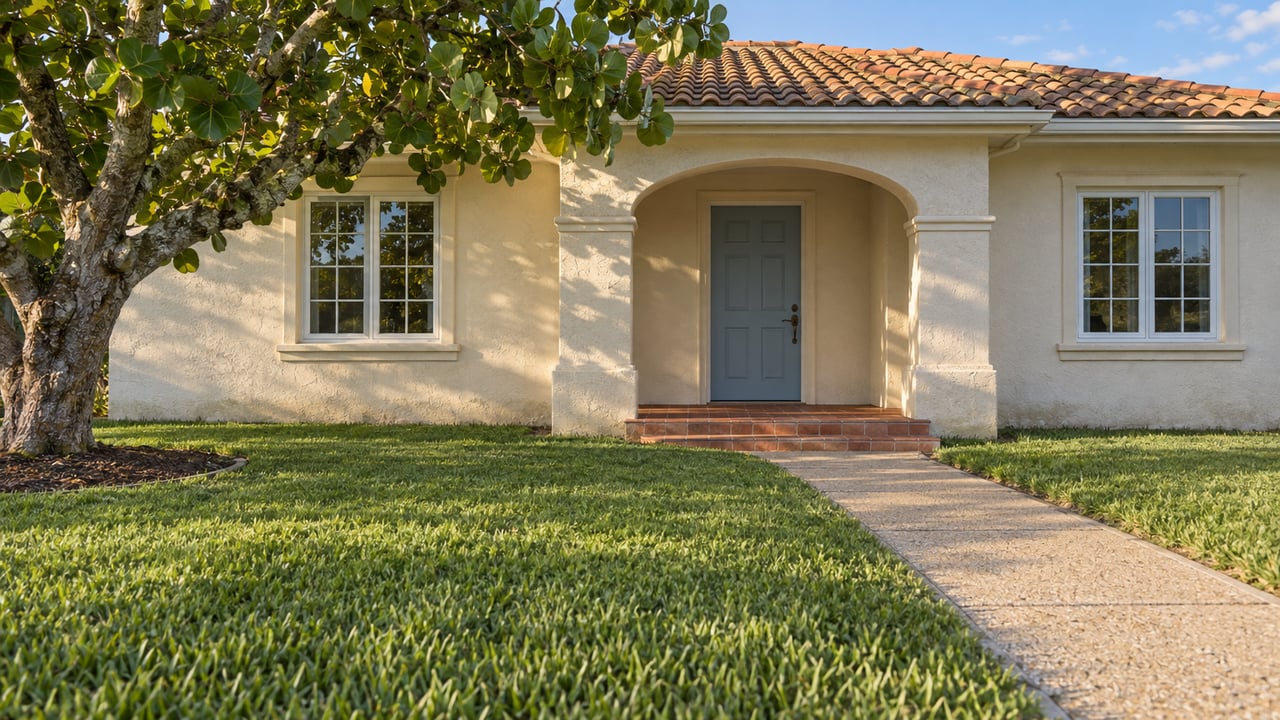 Cream stucco home with a tiled roof, arched porch, pale-blue door, and sea-grape tree beyond a deep green lawn.