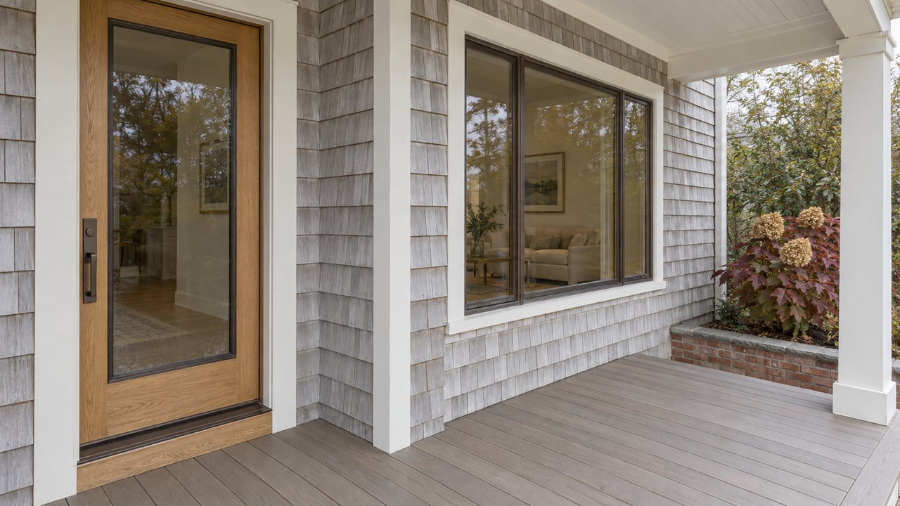 Covered coastal home entry with gray cedar shingles, an oak and glass door, bronze-framed window and burgundy oakleaf hydrangea beside a brick-edged bed.