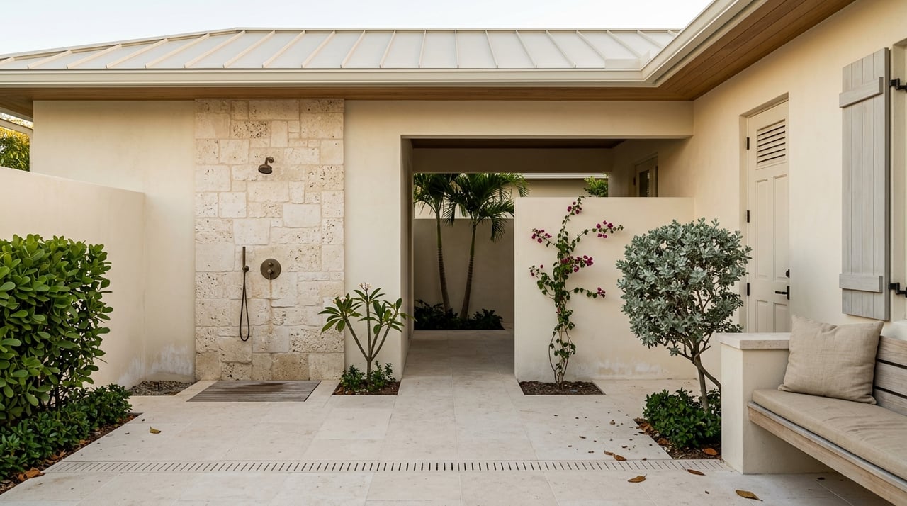 Stucco breezeway with a recessed outdoor shower, wet stone pavers, and bronze fixtures.
