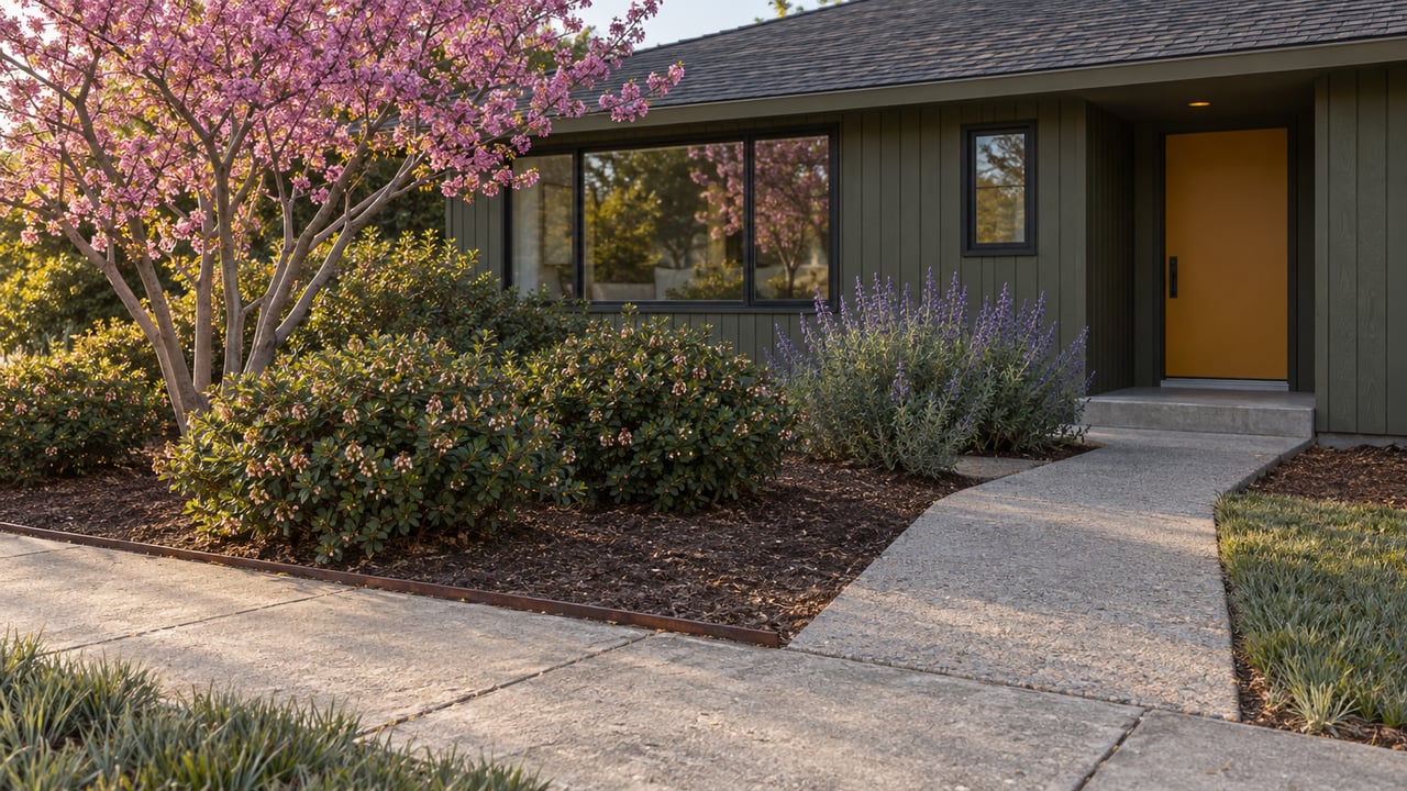 Low-roofed olive-sided house with an ochre entry, front garden, and concrete path from the sidewalk.