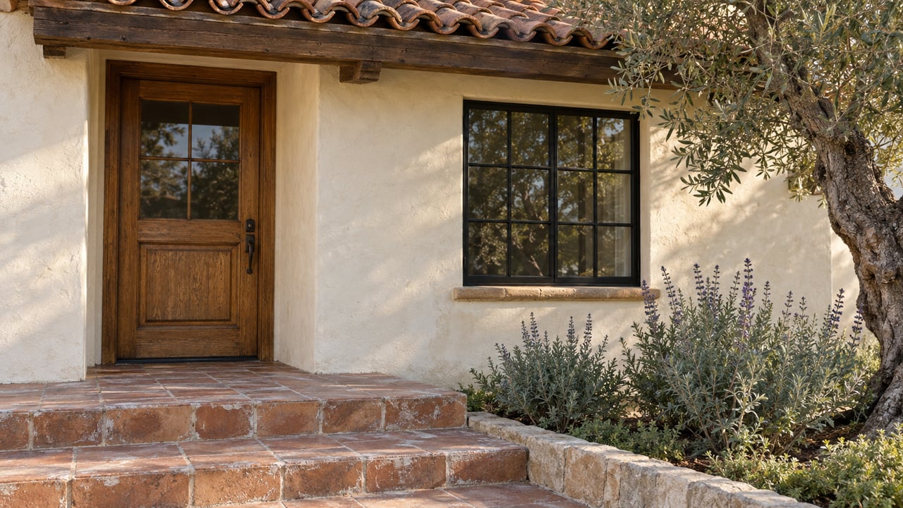 Ivory stucco home with a recessed oak door, black-grid window, terracotta roof, and olive tree by the porch.