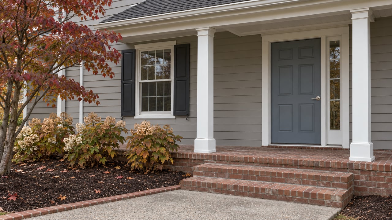 Covered front porch with gray lap siding, white columns, a blue-gray door and red brick steps beside autumn dogwood and oakleaf hydrangeas.