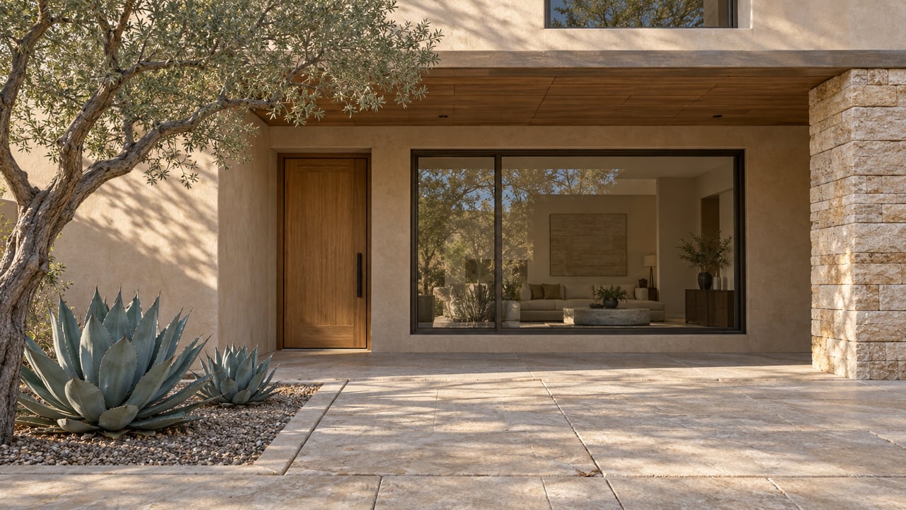 A shaded oak entry and bronze-framed window face a limestone courtyard with an ironwood tree and two sculptural agaves.