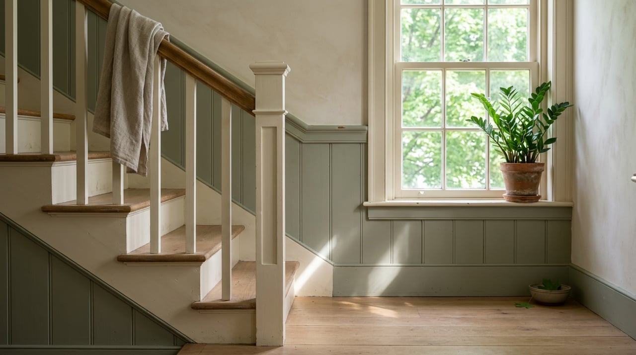Townhome staircase landing with white oak treads, sage wainscoting, a potted plant, and a green canopy beyond the window.