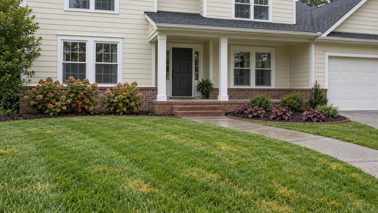 Broad front lawn and concrete approach leading to a cream-sided traditional home with brick foundations and an autumn planting bed.