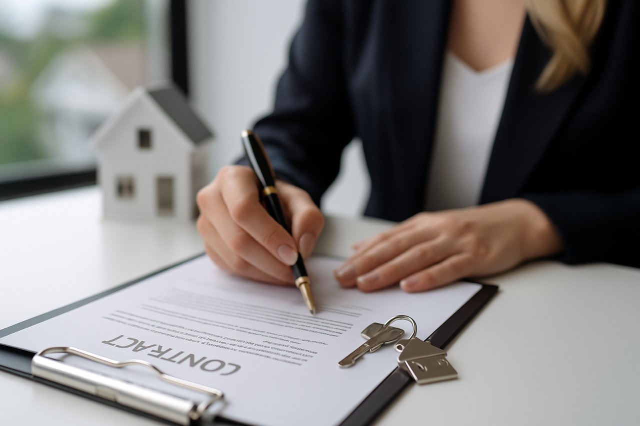 Close-up of a businesswoman signing a real estate contract with house keys and a small model home on the desk, symbolizing the first closing for My Real Estate Company™