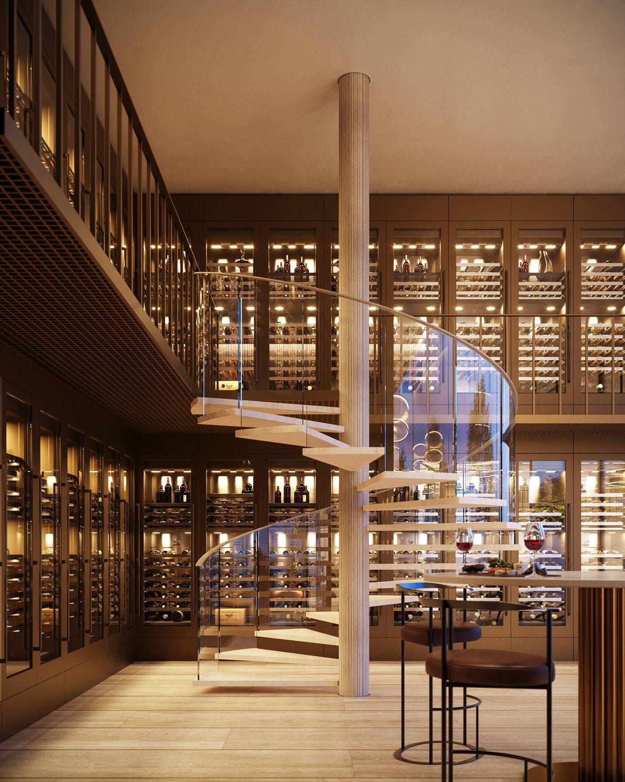 Wine room with illuminated wine cabinets, a glass-railed spiral staircase, and a tasting area.