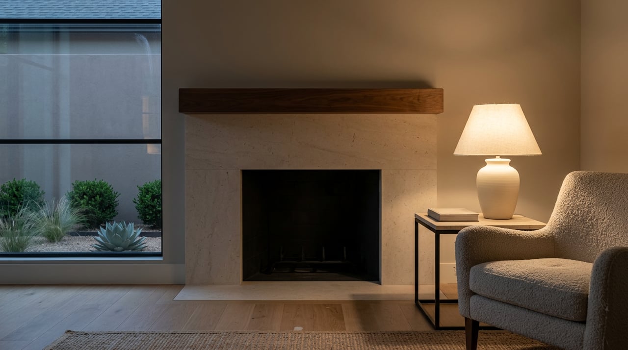 Limestone fireplace beside an oatmeal boucle chair and glowing table lamp, with a courtyard visible through the window.