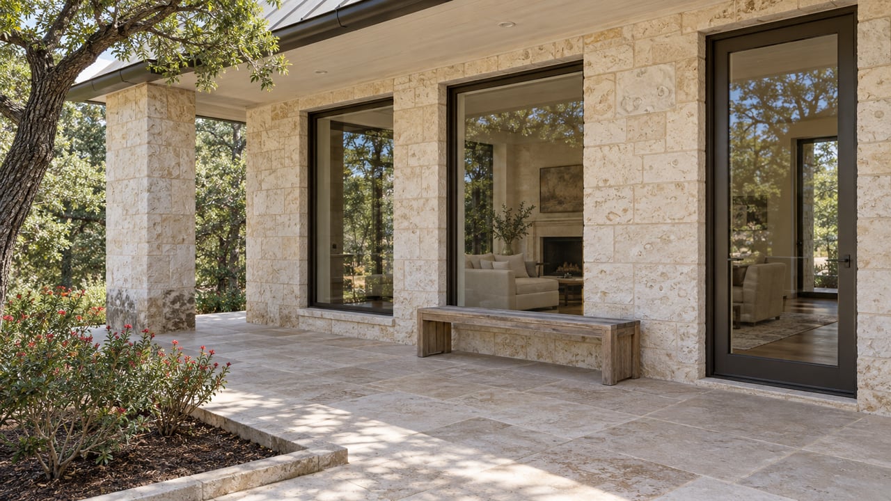 Covered limestone terrace with bronze-framed glass doors, a teak bench and a planted bed beside a mature live oak.