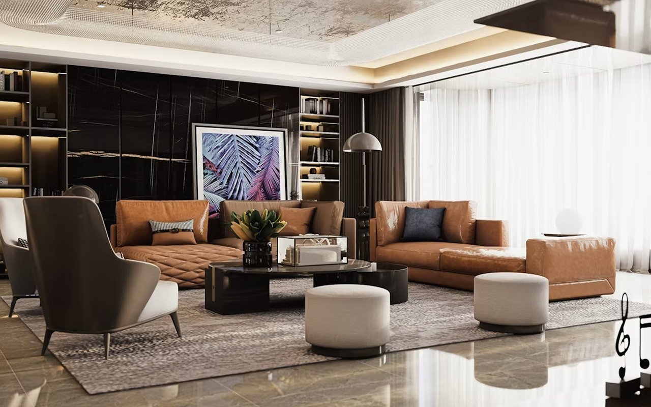 Modern living room with caramel leather sofas, a dark stone feature wall, and floor-to-ceiling sheer curtains.