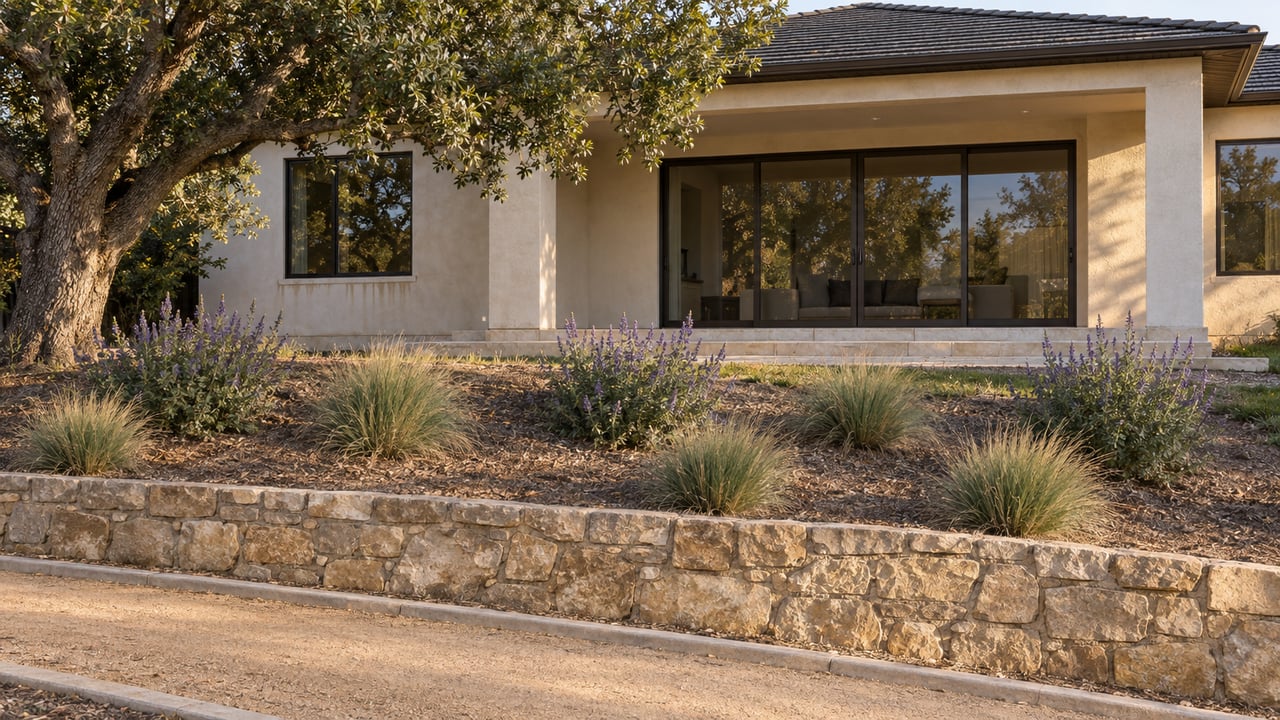 A sloping garden with a stone retaining wall leads from a path to a stucco house and covered patio.