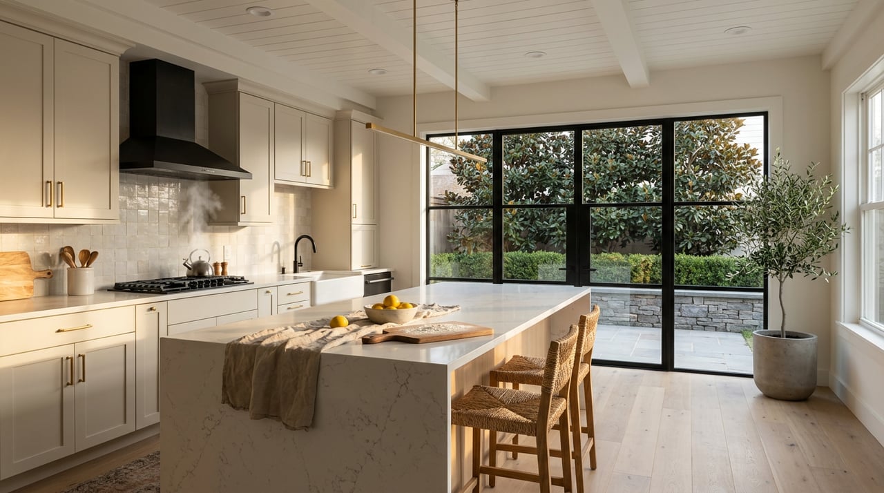 Open-plan kitchen with quartz waterfall island, brass-accented cabinets, and magnolia canopy beyond black-framed windows.
