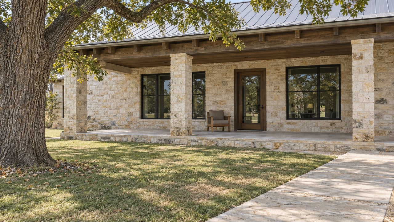 A limestone home with a deep timber porch and metal roof beyond a broad lawn, framed by a mature pecan tree.
