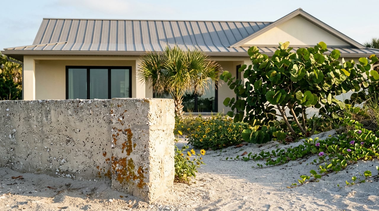 Ivory stucco home behind a tabby-shell wall, with a sandy path winding through sea grape and dune plants.