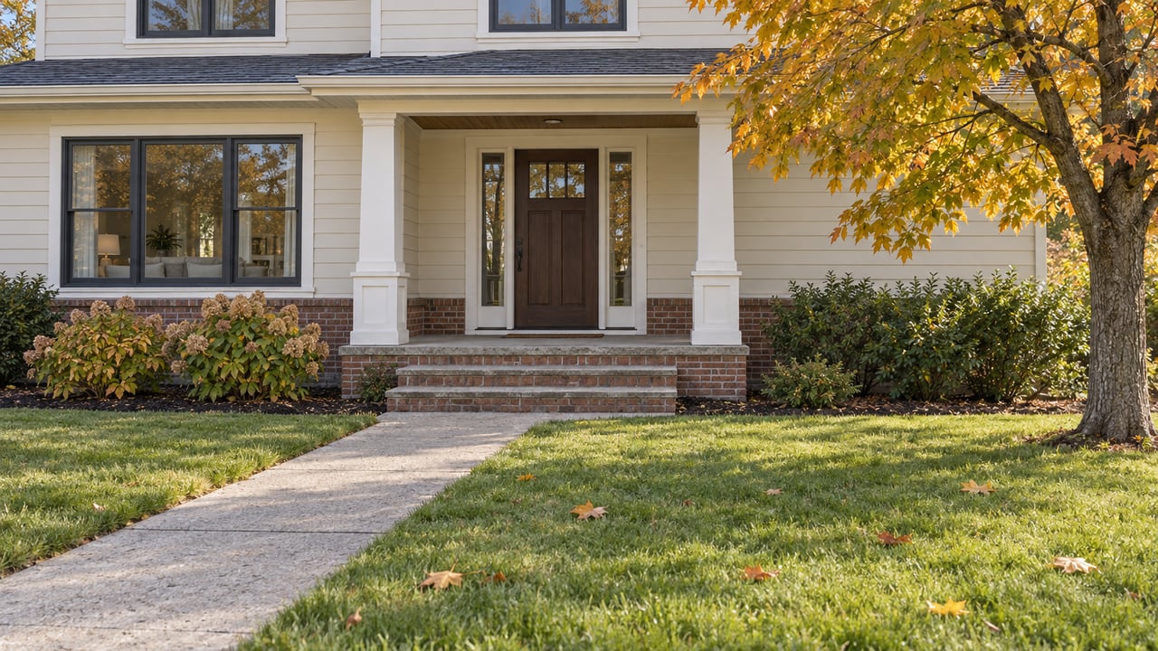 Cream-sided home with a brick foundation, broad front lawn, concrete approach and an autumn sugar maple beside the porch.