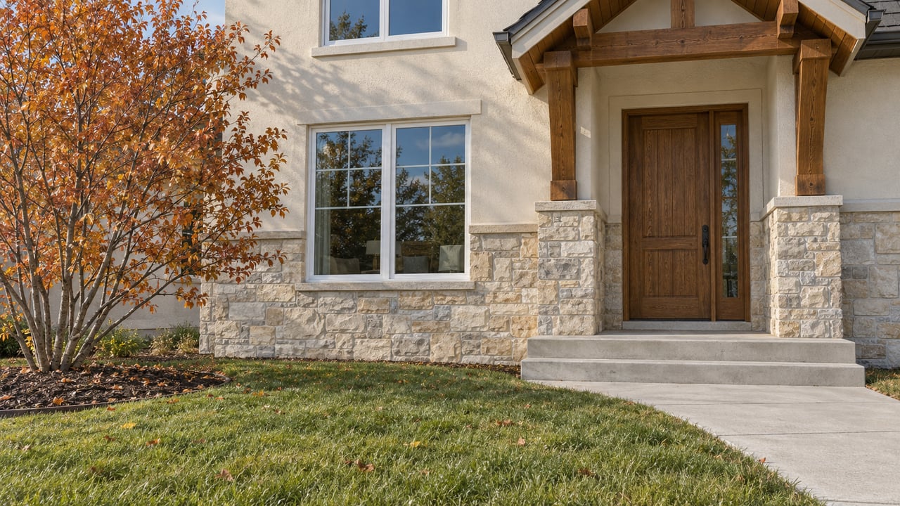 Sunlit stone-and-stucco home entry with timber brackets, a wood door, white-trimmed windows and an autumn serviceberry beside the lawn.