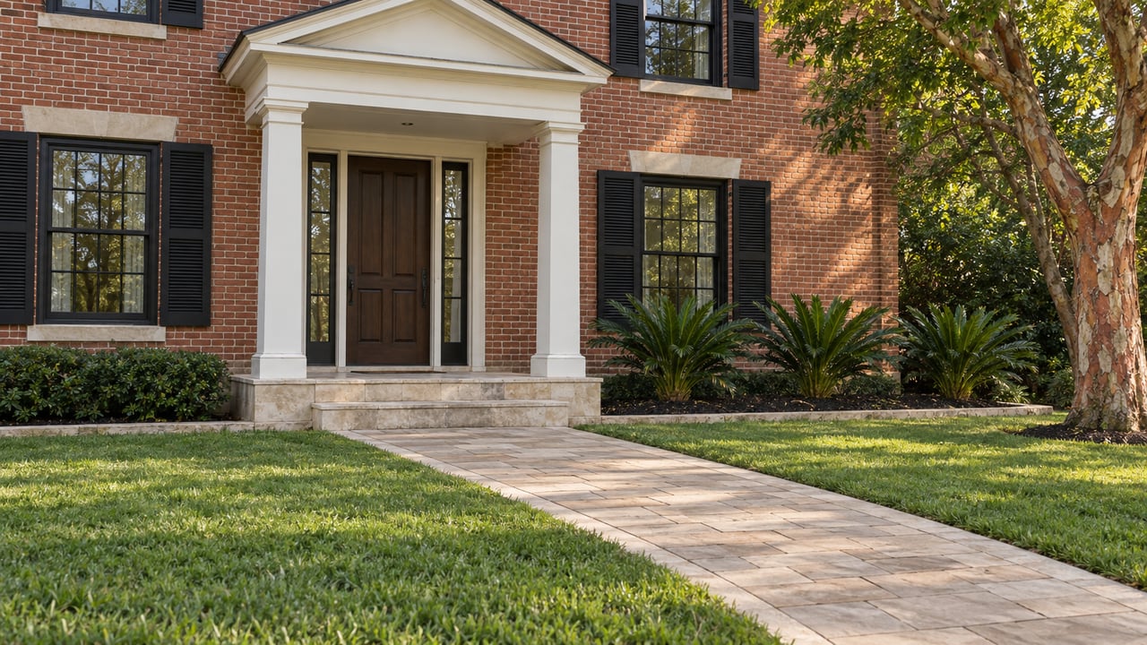 Red-brick home with a white-columned entry, limestone steps and a paver approach across a broad lawn, with coontie plants and a peeling-bark specimen tree.