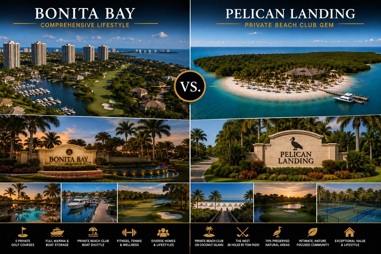 Side-by-side comparison of Bonita Bay and Pelican Landing in Bonita Springs, Florida, featuring luxury homes, golf courses, marinas, private beach access, and preserved natural landscapes to help buyers compare two premier gated communities.