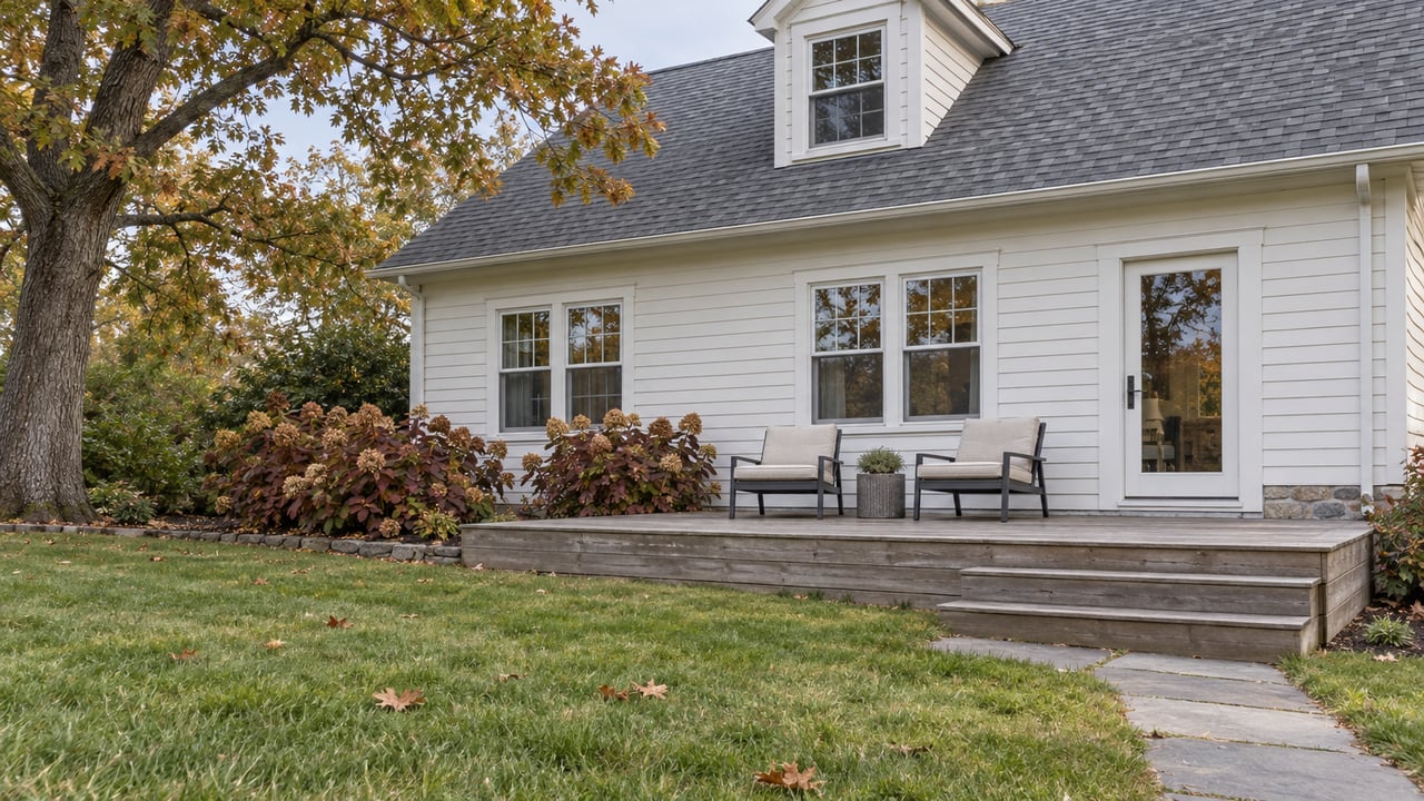 White clapboard home with a weathered cedar deck, bluestone path, and broad autumn lawn beneath an oak canopy.