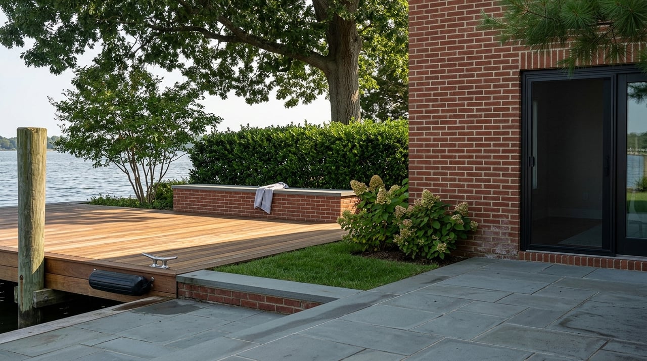 Bluestone terrace beside an ipe dock with a stainless cleat, brick edge, and clipped hedge.