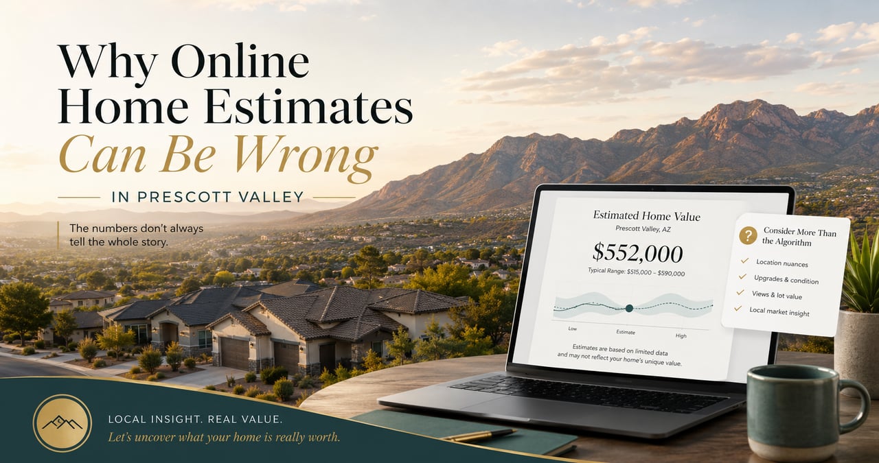 Prescott Valley homes and mountains with online estimate graphic showing why home values need local review