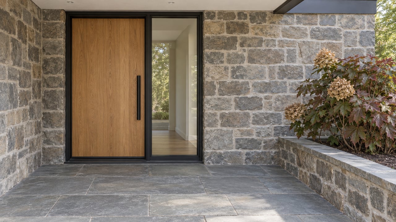 Oak entry door and black-framed sidelight above a weathered bluestone landing, beside fieldstone walls and an oakleaf hydrangea.