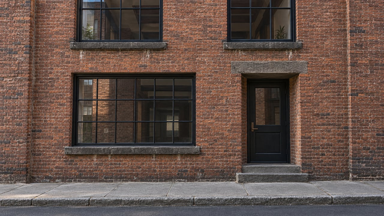 Red-brown brick residential facade with tall black-grid windows, a recessed black door and worn bluestone steps beside a concrete sidewalk.