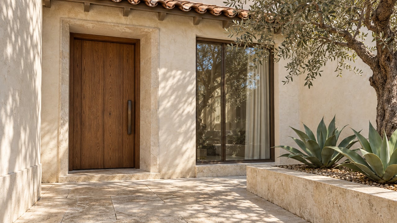 Sunlit ivory stucco entrance with a recessed oak door, bronze-framed window, limestone paving, olive tree and two agaves.