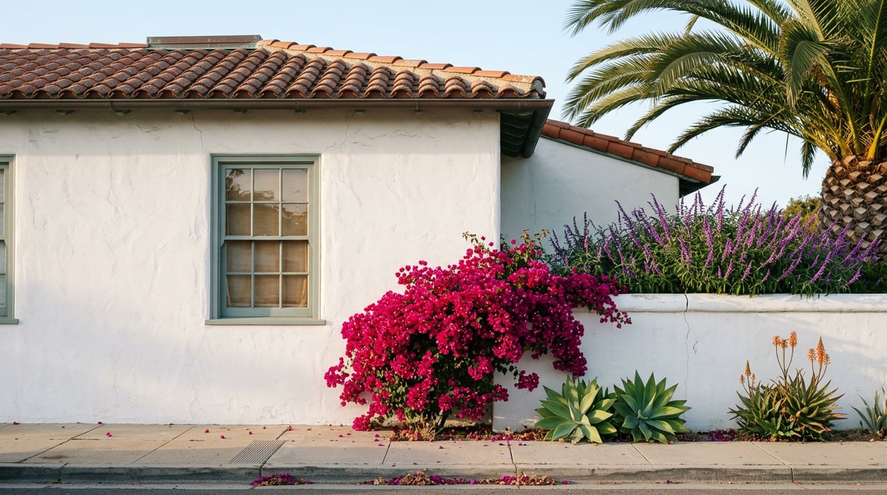 White stucco house corner with magenta bougainvillea spilling over a garden wall and palm fronds against blue sky.